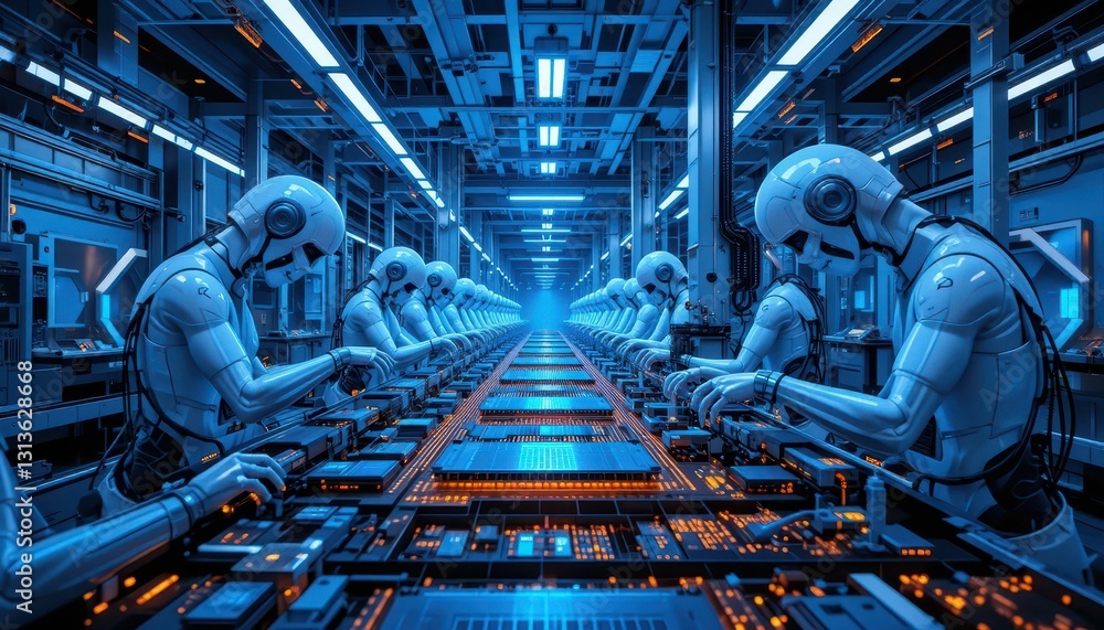 Aufkleber futuristic robots working on advanced technology assembly line