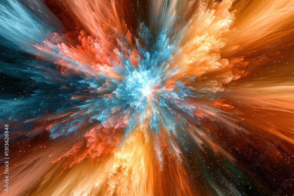 Poster abstract fractal art explosion with vibrant blue, orange, and yellow hues, creating a dynamic burst 