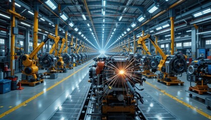 Manufacturing Facility with Robotic Arms and Engine Assembly Line