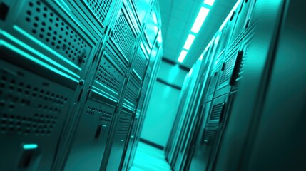 An advanced computer server room with numerous high-performance servers, showcasing state of the art IT infrastructure.