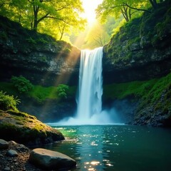 Fototapeta premium Sunlit waterfall cascading through lush green forest, wild, trees, serene