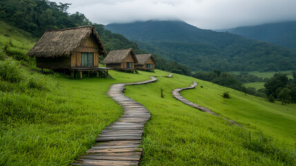 Fototapeta premium Wooden Bungalows on Lush Green Hillside with Winding Path and Mountain View