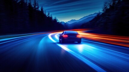 Fototapeta premium Night Drive: Speed, Lights, and Mountain Scenery