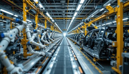 Fototapeta premium Advanced Robotics in Automotive Assembly Line Technology Process