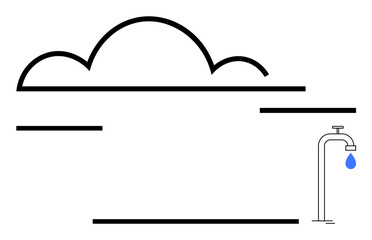 Outline of cloud above a faucet releasing one blue droplet. Ideal for water preservation, environment, sustainability, drought awareness, minimalism, clean design, flat simple metaphor