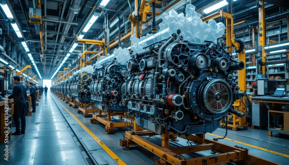 Poster advanced engine manufacturing process in modern factory setting