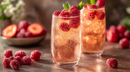 Raspberry and Strawberry Rose Spritz in Tall Glasses with Fresh Berries. Generative AI