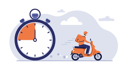 Illustration of a delivery person on a scooter with a stopwatch symbolizing fast delivery service. © Vector Factory
