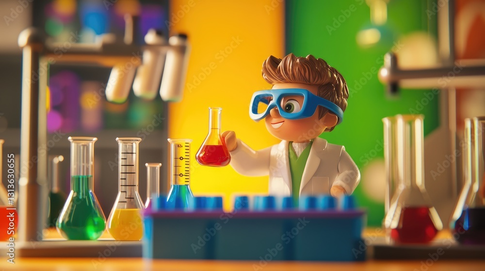Fototapete a charming toy scientist in a colorful laboratory, complete with beakers and safety goggles, set in 