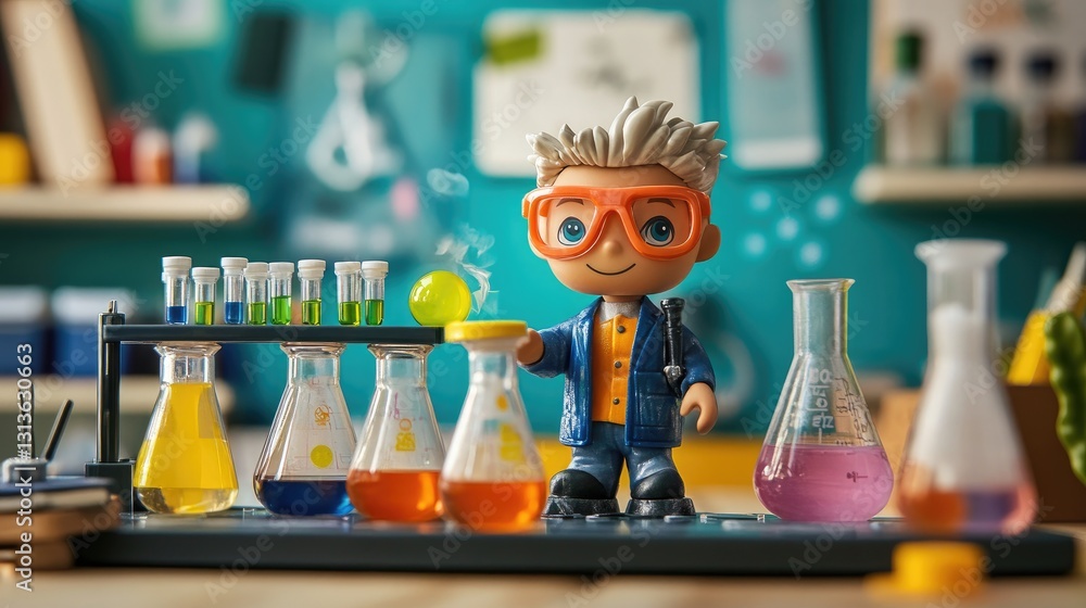 Poster a charming toy scientist in a colorful laboratory, complete with beakers and safety goggles, set in 