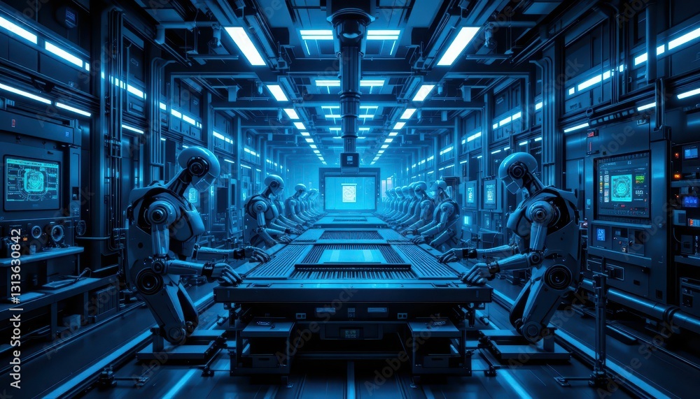 Aufkleber futuristic factory with robots and neon lights in high-tech environment