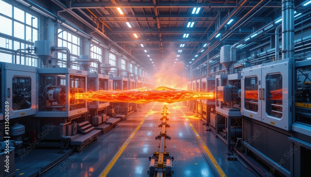 Poster dynamic industrial scene with glowing energy stream in factory