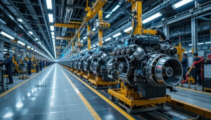 Fototapeta premium Assembly Line of Precision Engines in Modern Manufacturing Facility