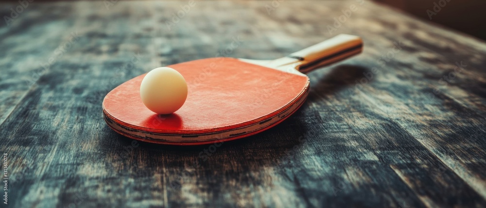 Poster close-up of a ping pong paddle resting on a rustic wooden table with a single white ball placed on t