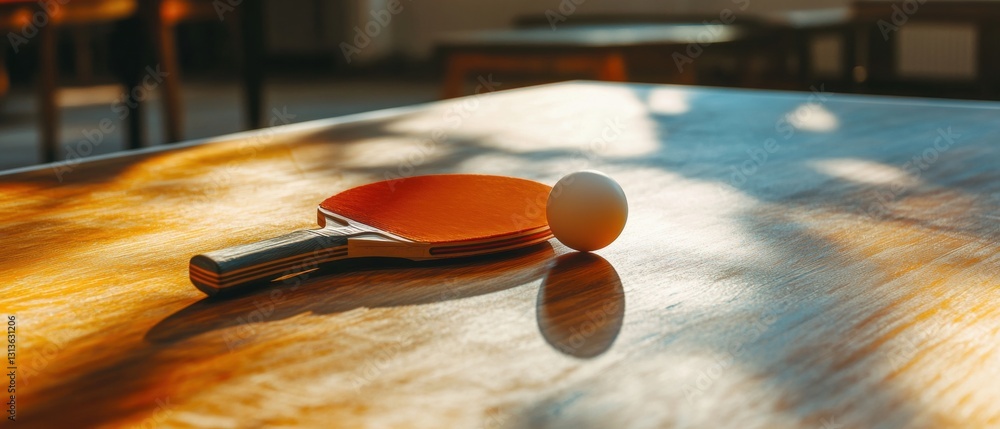 Poster close-up of a ping pong paddle and ball on a wooden table in an indoor setting with sunlight casting