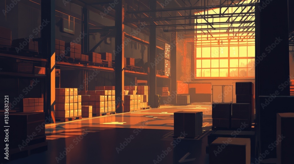 Poster sunlight streaming through warehouse windows illuminating stacked boxes and empty aisles