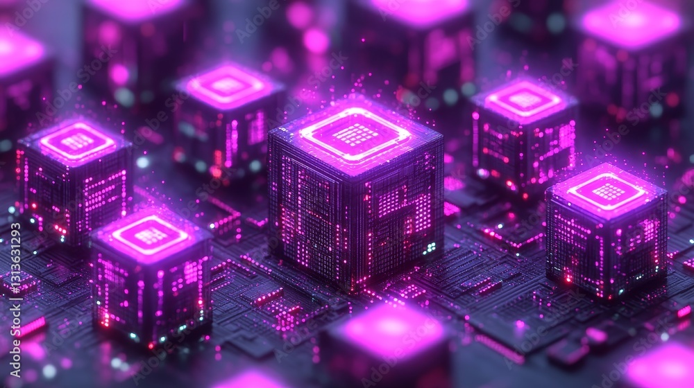 Aufkleber advanced future technology abstract cubic system illuminated neon glow complex network data exchange