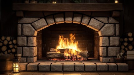 An inviting atmosphere created by a stone fireplace.
