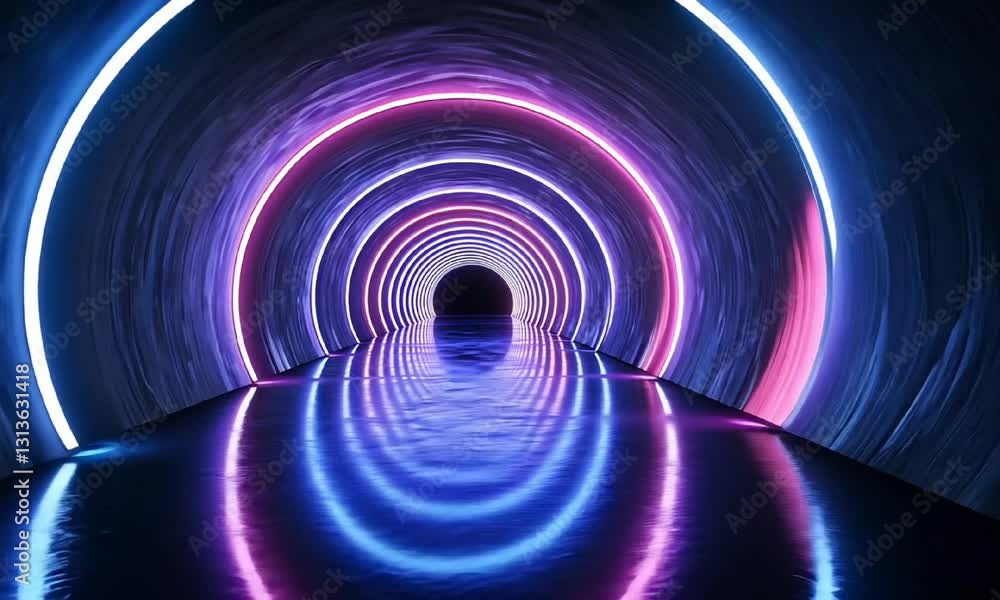 Poster a mesmerizing view of a tunnel illuminated with vibrant neon lights reflecting on the water, creatin