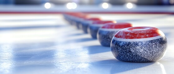 Close-Up View of Curling Stones Lined Up on Ice Surface in Indoor Curling Rink with Blurred Background and Dramatic Lighting Effects