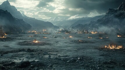 A vast desolate battlefield framed by towering mountain ranges.