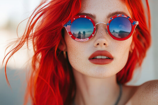 Woman with red hair and sunglasses sitting on a vibrant beach towel surrounded by seashells and a book, gazing out at the ocean with a serene smile.