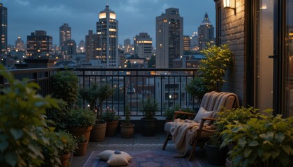 Fototapeta premium Cozy Balcony with Plants Overlooking City Skyline at Dusk