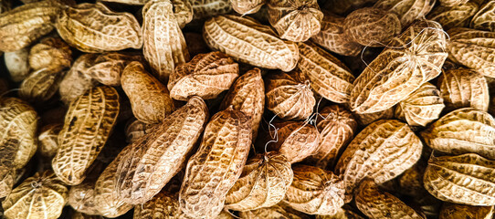 Close-up view of dried peanuts in their shells, showcasing rough textures and natural brown tones,...