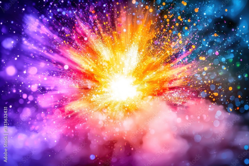 Poster a vibrant explosion of colorful particles and bokeh lights, creating a magical and festive atmospher
