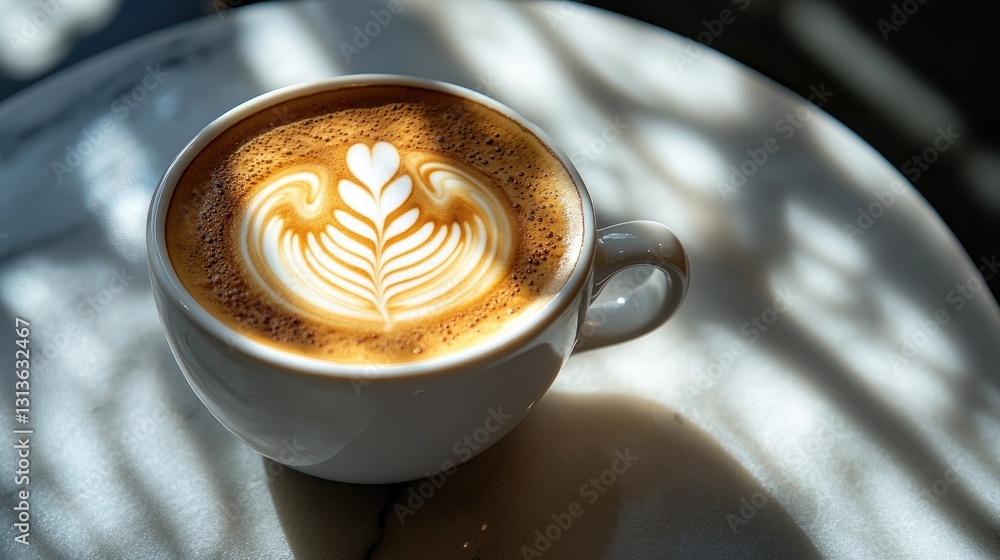 Poster a close-up of cappuccino with intricate latte art, placed on a marble table in a cozy, sunlit cafe s
