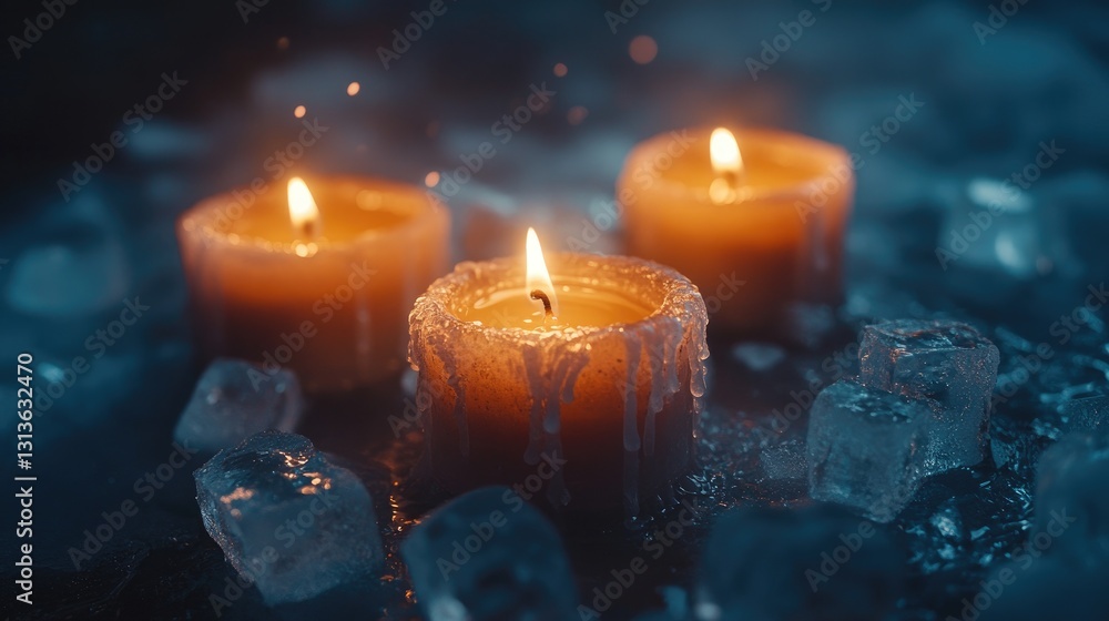 Poster a close-up of melting candles with dripping wax and scattered ice cubes in a moody, atmospheric envi