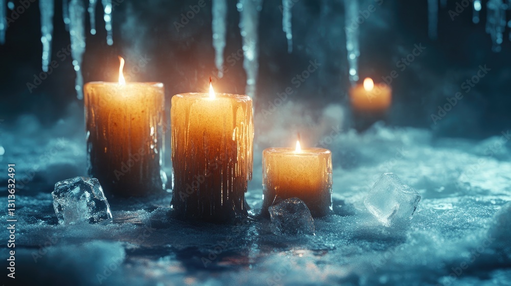 Poster a close-up of melting candles with dripping wax and scattered ice cubes in a moody, atmospheric envi