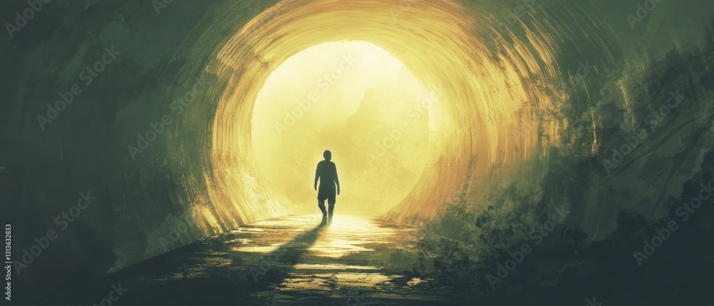 Poster a solitary figure walking through an illuminated tunnel, creating an impression of mystery and explo