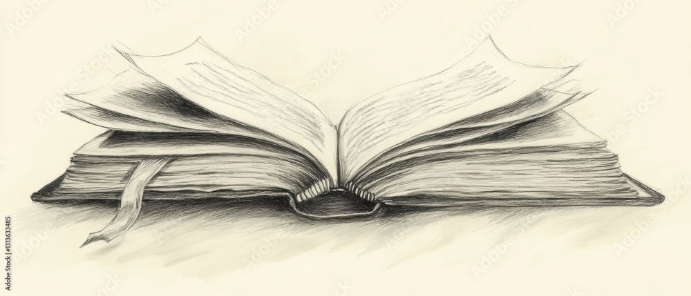 Poster opened antique book sketch with pages in motion creating a sense of depth and literary adventure for