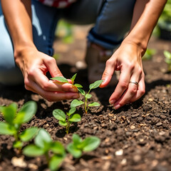 Woman hands planting a seed during sunny day in backyard garden