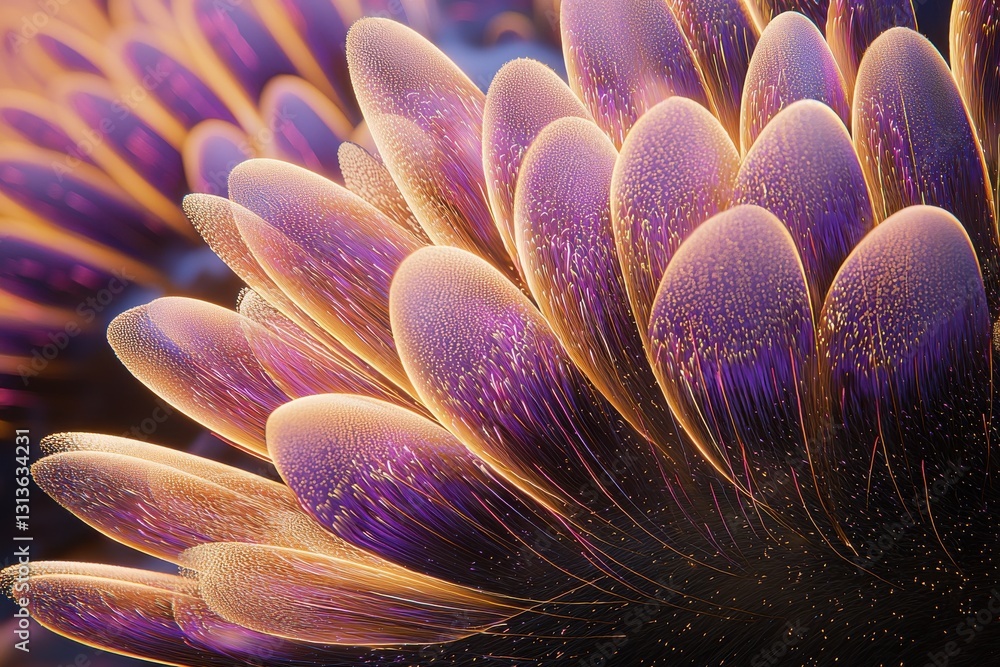 Poster an abstract, close-up view of a vibrant purple and gold flower-like structure, showcasing intricate 