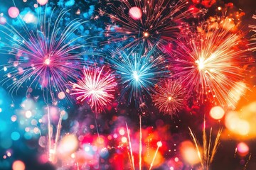 Fototapeta premium A vibrant display of fireworks illuminates the night sky, bursting with a kaleidoscope of red, blue, orange and pink colors, celebrating a special event.