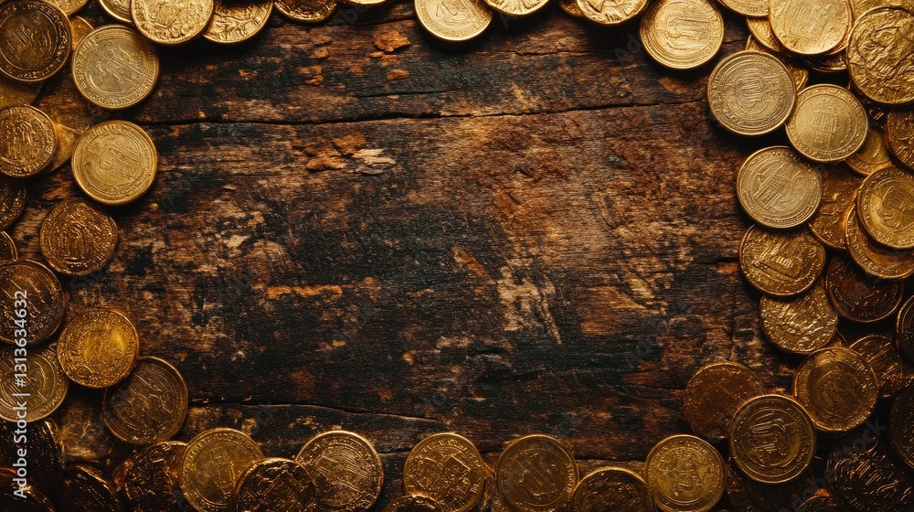 Poster a collection of golden coins forming a frame against a rustic backdrop, perfect for themes of wealth