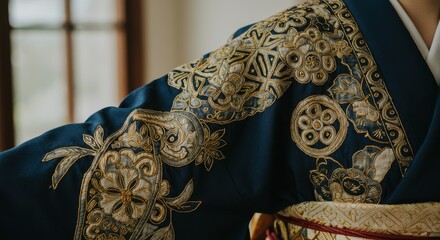 Close-up of Embroidered Kimono Sleeve with Floral and Geometric Designs