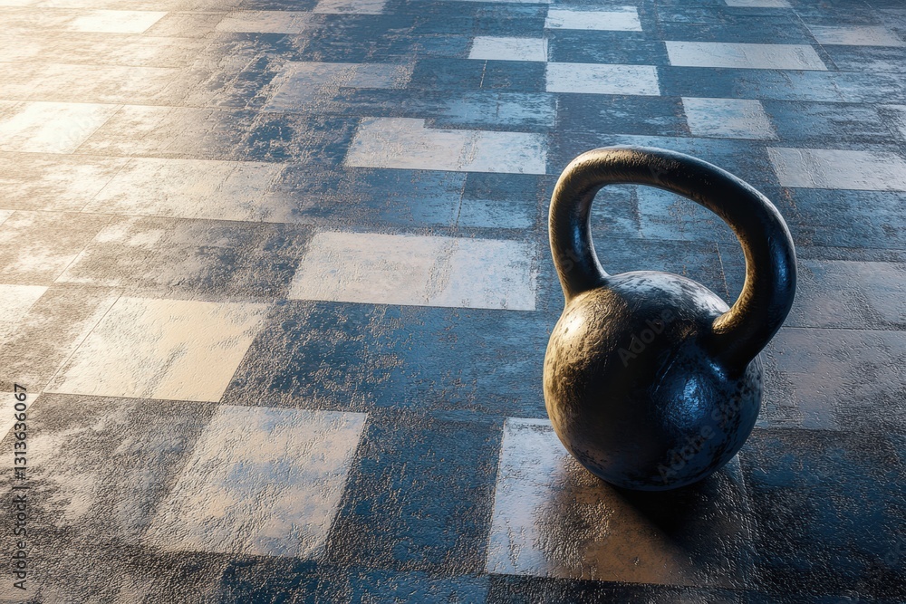 Poster Kettlebell on textured gym floor with soft lighting and ample blank space for added text or branding Generative AI