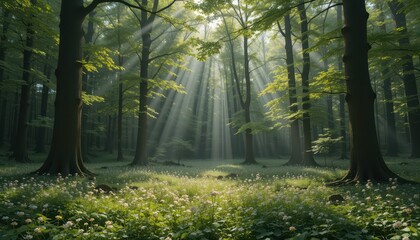 Fototapeta premium Serene Forest Scene with Sunlight Streaming Through Trees