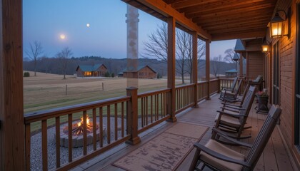 Cozy Outdoor Evening View with Fire Pit and Moonlit Landscape