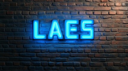 Obraz premium Neon Sign: Blue LAES Letters on Brick Wall