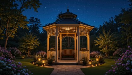 Obraz premium Romantic Night Scene of a Gazebo Surrounded by Blooming Flowers