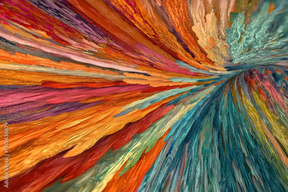 Poster a vibrant abstract painting with textured brushstrokes converging towards a central vanishing point,