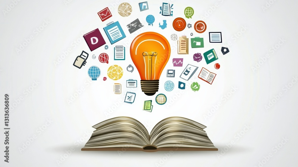 Poster open book with glowing light bulb and colorful icons representing knowledge and ideas