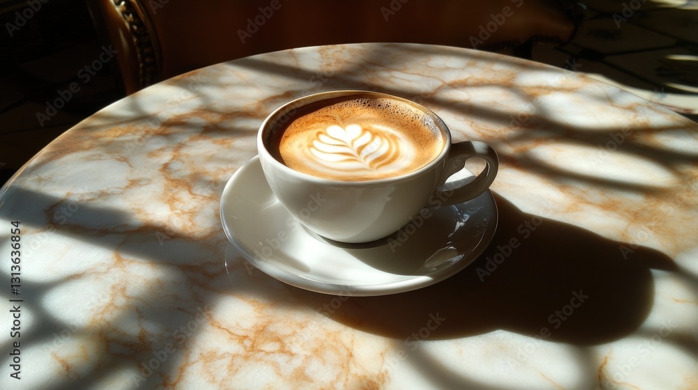 Poster a cup of cappuccino with beautiful latte art resting on a marble table, bathed in warm sunlight, cre