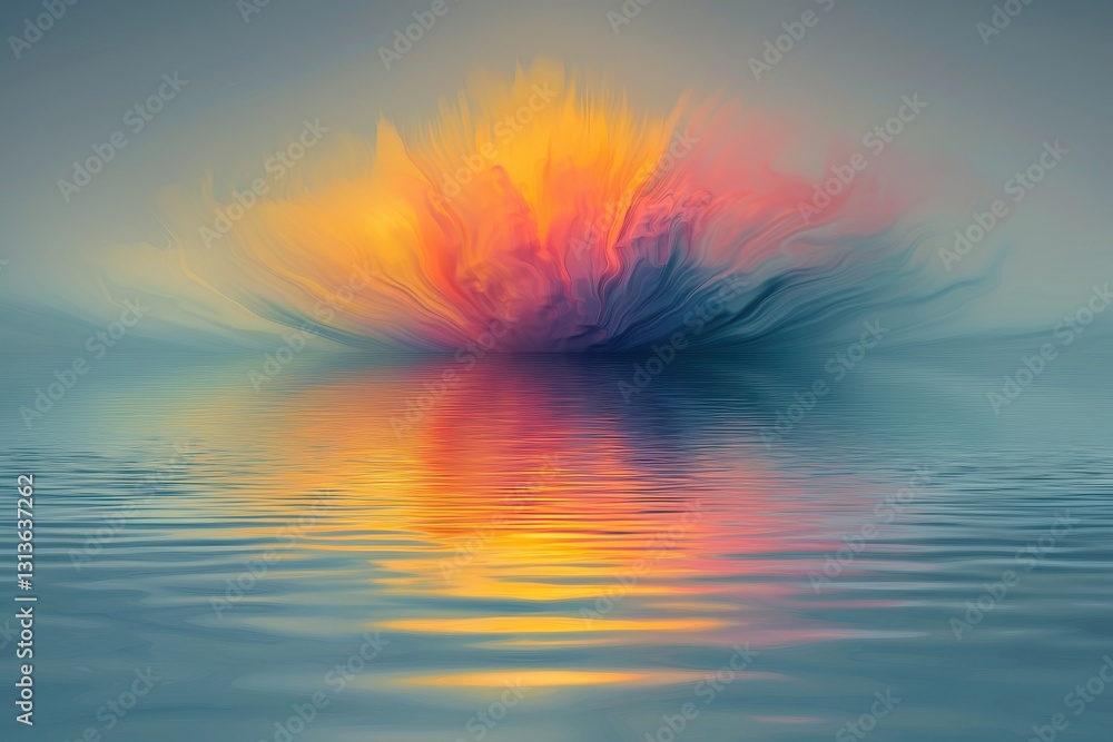 Aufkleber a vibrant abstract painting featuring a burst of colorful energy reflected in serene, rippling water