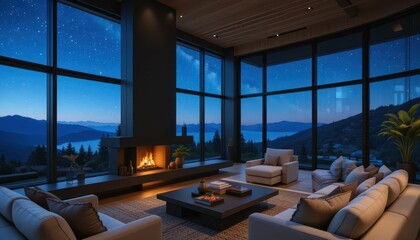 Fototapeta premium Cozy modern living room with stunning mountain view at twilight