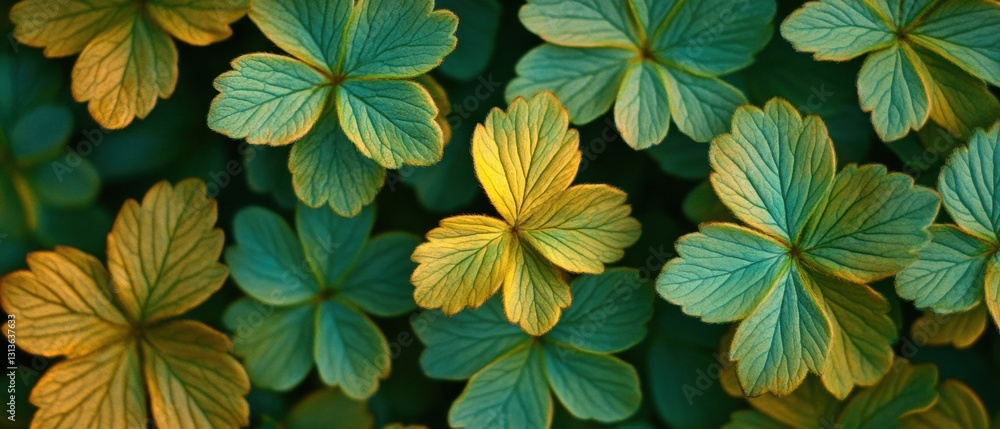Poster close-up view of green and yellow leaves with intricate patterns and textures in a natural setting
